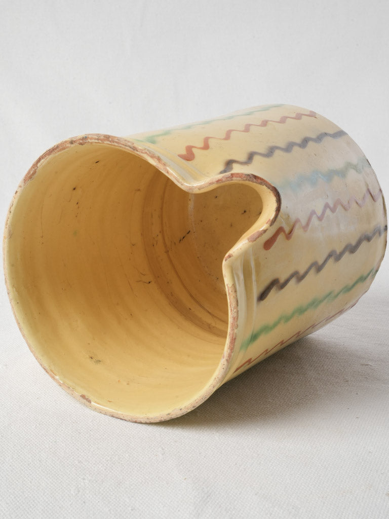 Striking Antique French Yellow Pitcher W/ Zigzag Patterns - 6¾"
