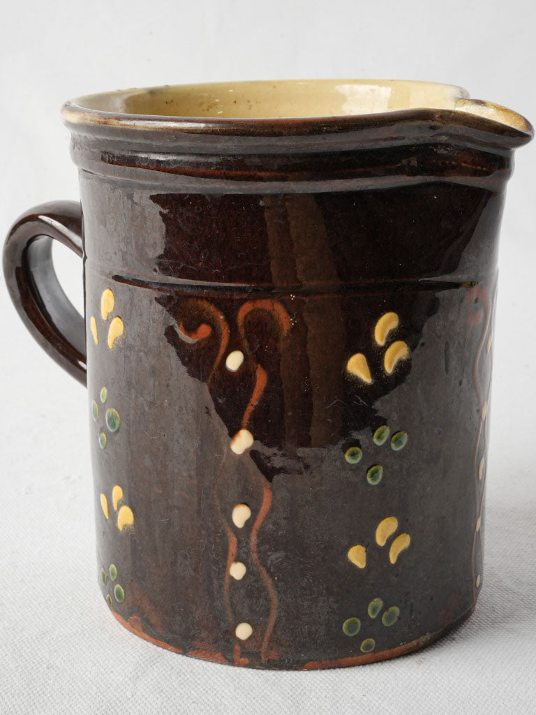 Antique Savoyard Pitcher w/ Chocolate-Colored Glaze and Hand-Painted Decoration - 6¾"