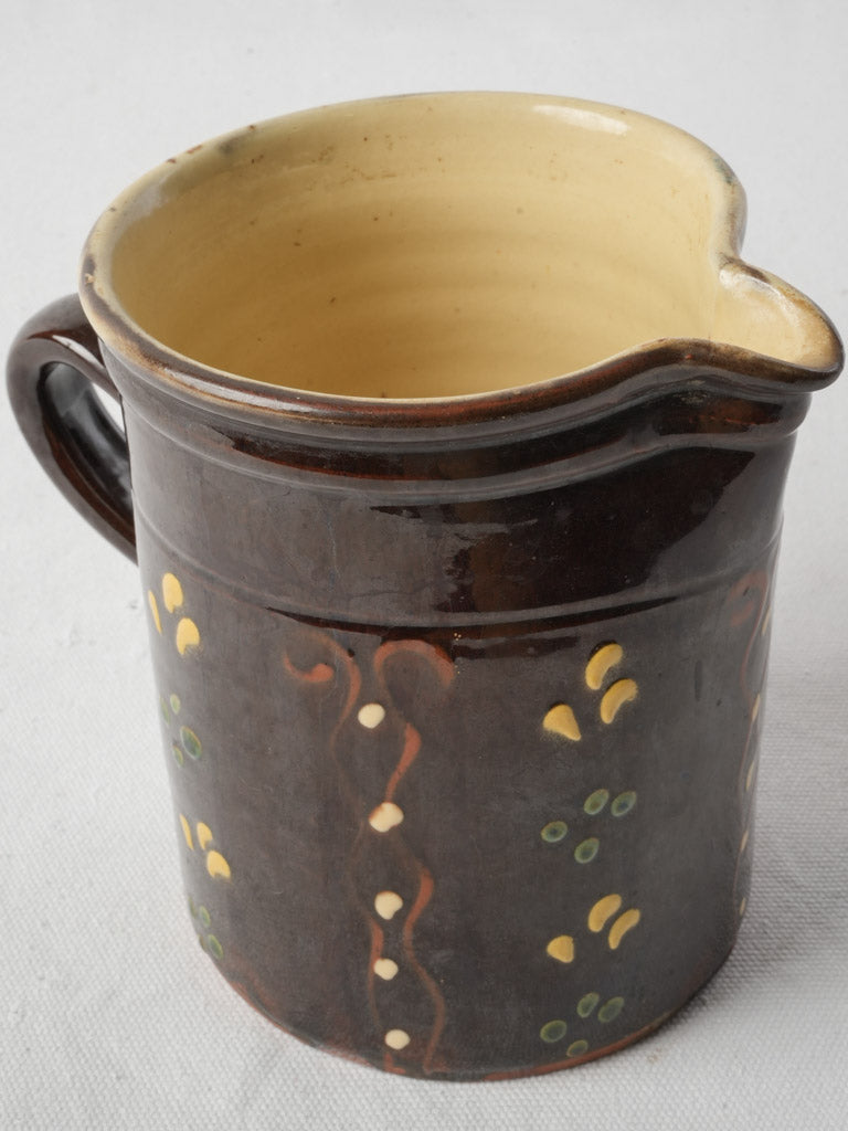 Antique Savoyard Pitcher w/ Chocolate-Colored Glaze and Hand-Painted Decoration - 6¾"