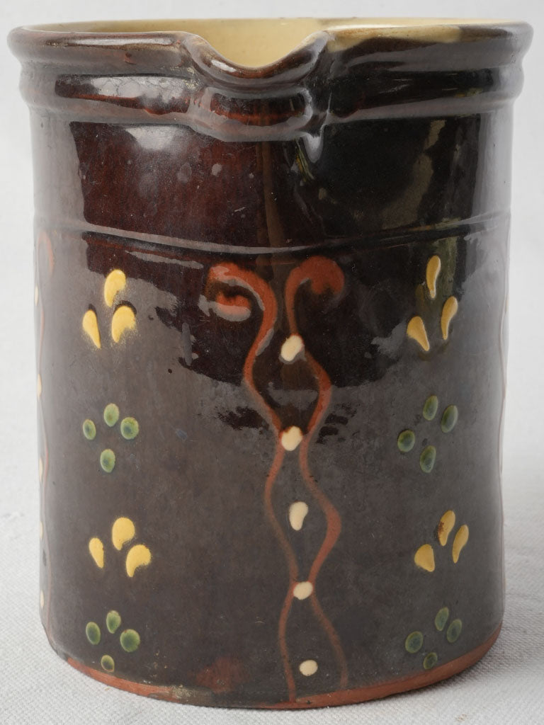 Antique Savoyard Pitcher w/ Chocolate-Colored Glaze and Hand-Painted Decoration - 6¾"
