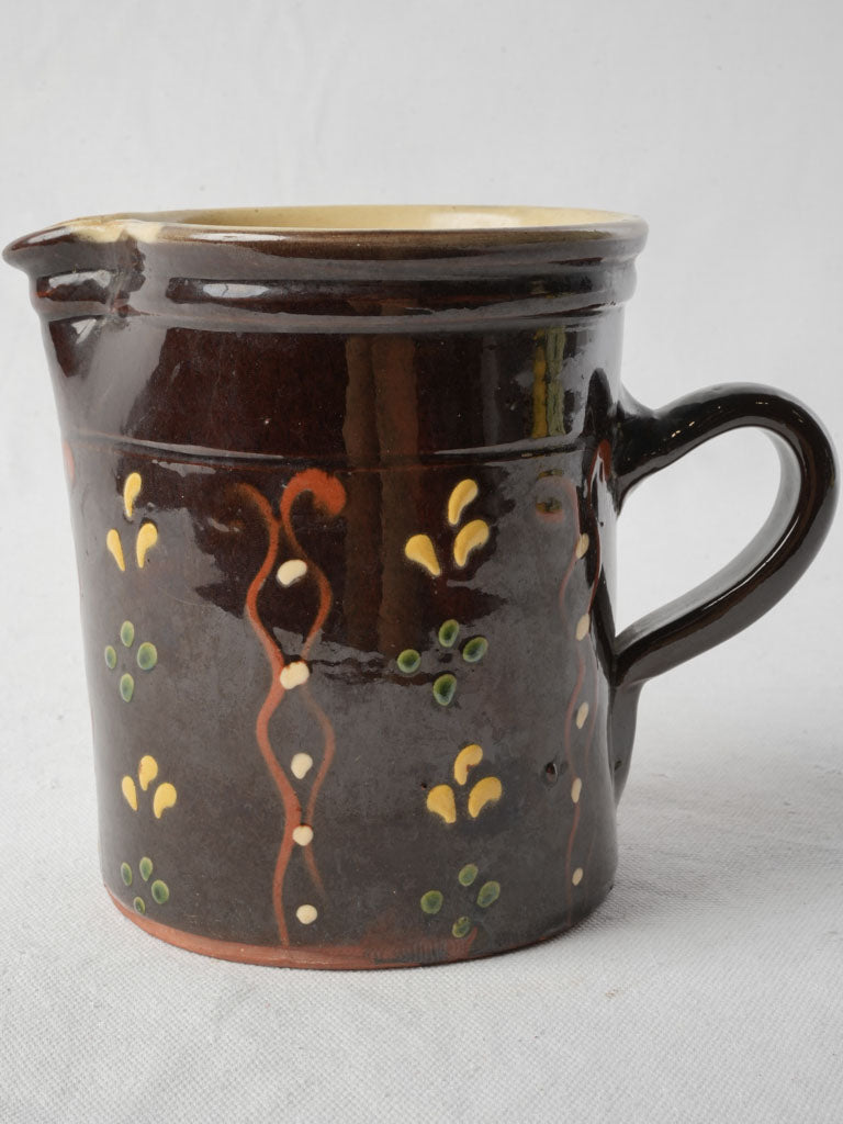 Antique Savoyard Pitcher w/ Chocolate-Colored Glaze and Hand-Painted Decoration - 6¾"