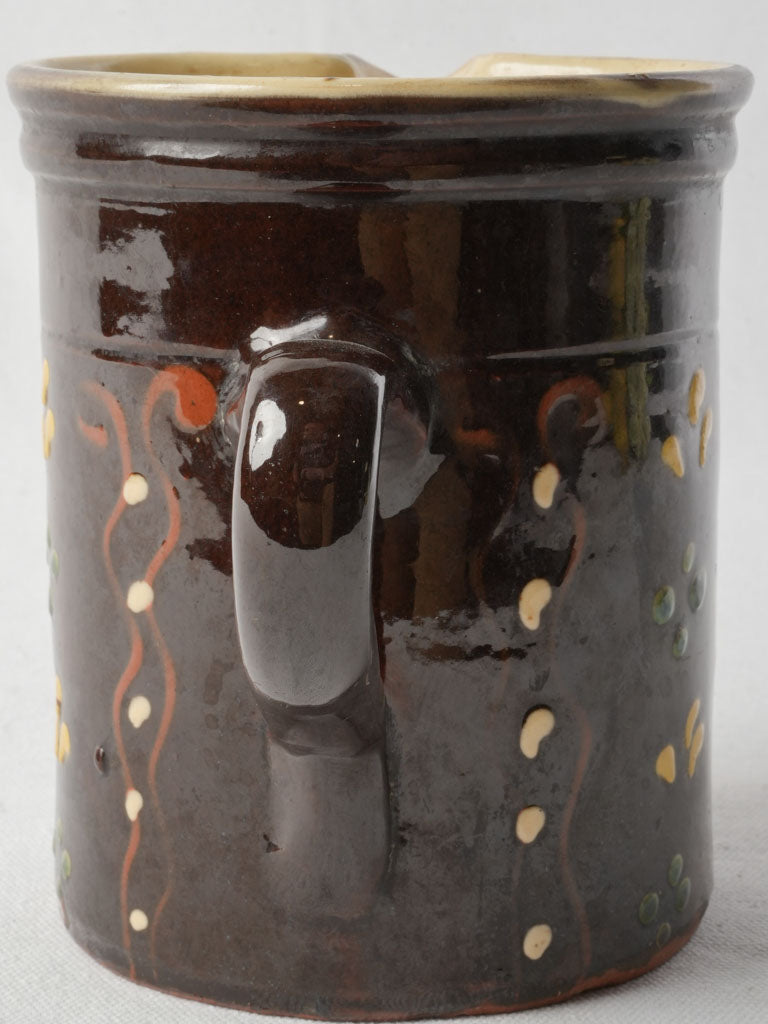 Antique Savoyard Pitcher w/ Chocolate-Colored Glaze and Hand-Painted Decoration - 6¾"