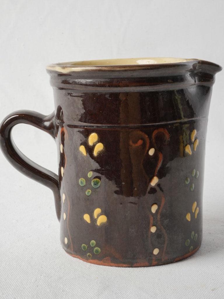 Antique Savoyard Pitcher w/ Chocolate-Colored Glaze and Hand-Painted Decoration - 6¾"