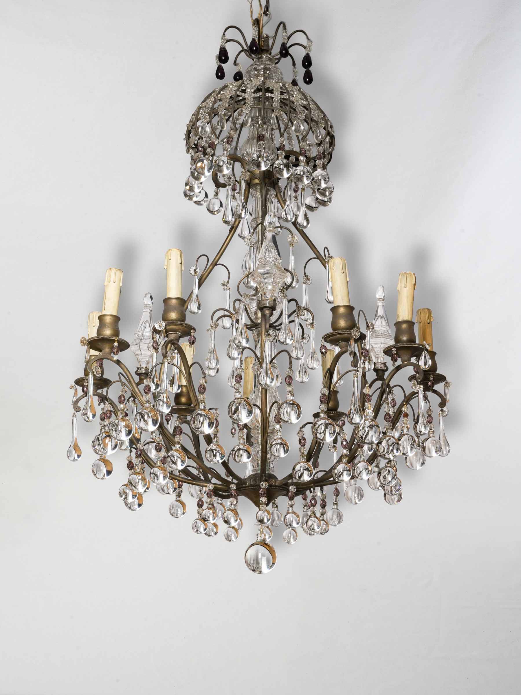 Striking Belle Époque Cage Chandelier w/ 9 Lights and Teardrop Pendants - 37¾" x 25½"
