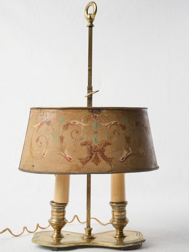 Petite 19th-Century French Bouillotte-Style Brass Lamp w/ Painted Tole Shade - 16½"