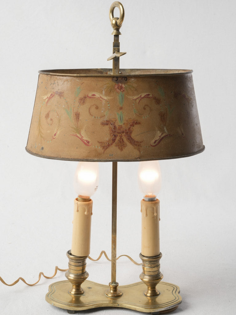 Petite 19th-Century French Bouillotte-Style Brass Lamp w/ Painted Tole Shade - 16½"