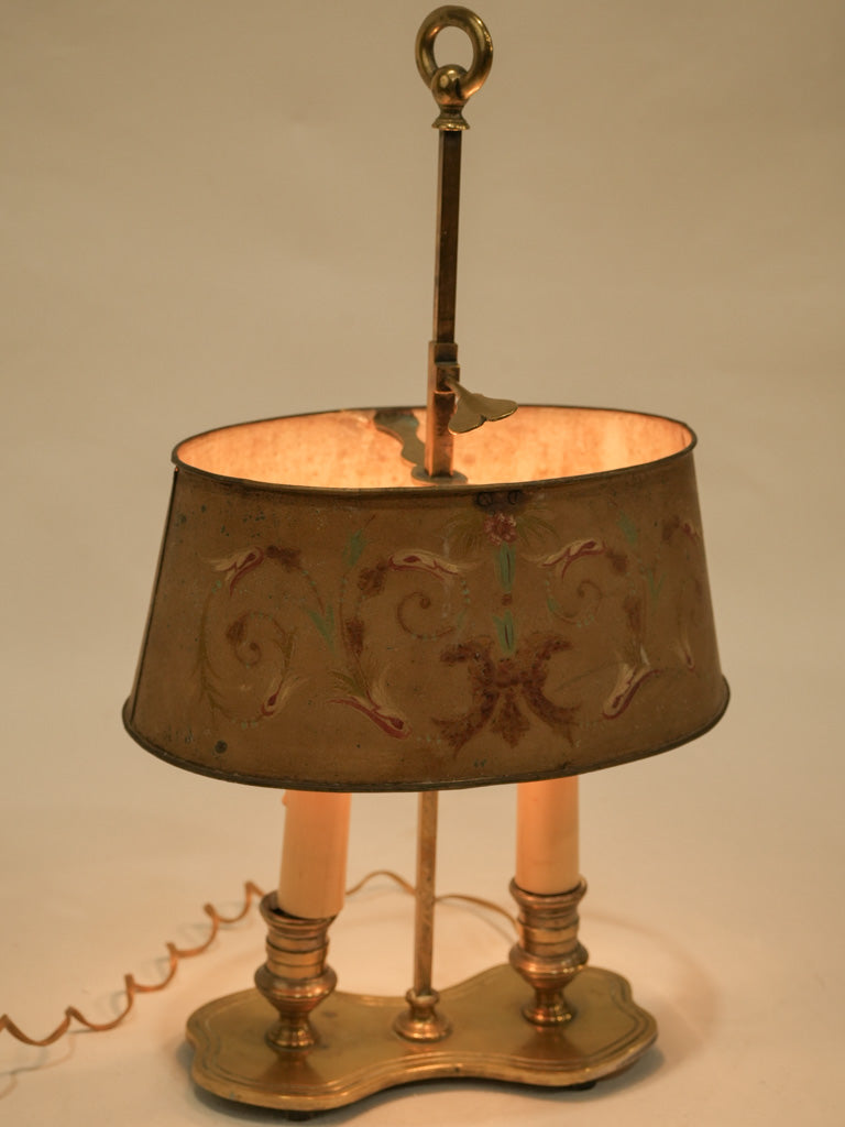 Petite 19th-Century French Bouillotte-Style Brass Lamp w/ Painted Tole Shade - 16½"