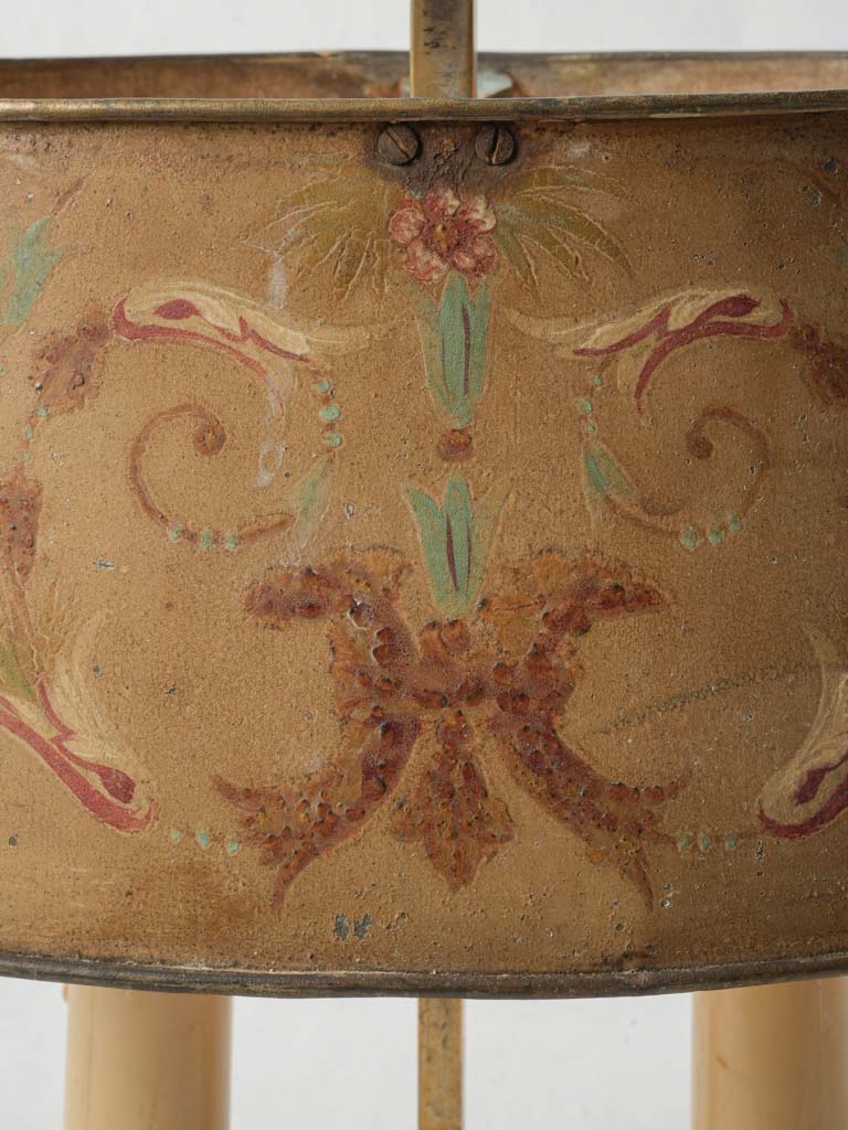 Petite 19th-Century French Bouillotte-Style Brass Lamp w/ Painted Tole Shade - 16½"