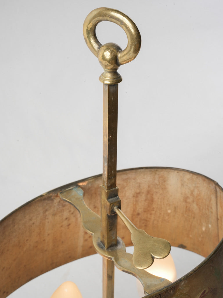 Petite 19th-Century French Bouillotte-Style Brass Lamp w/ Painted Tole Shade - 16½"