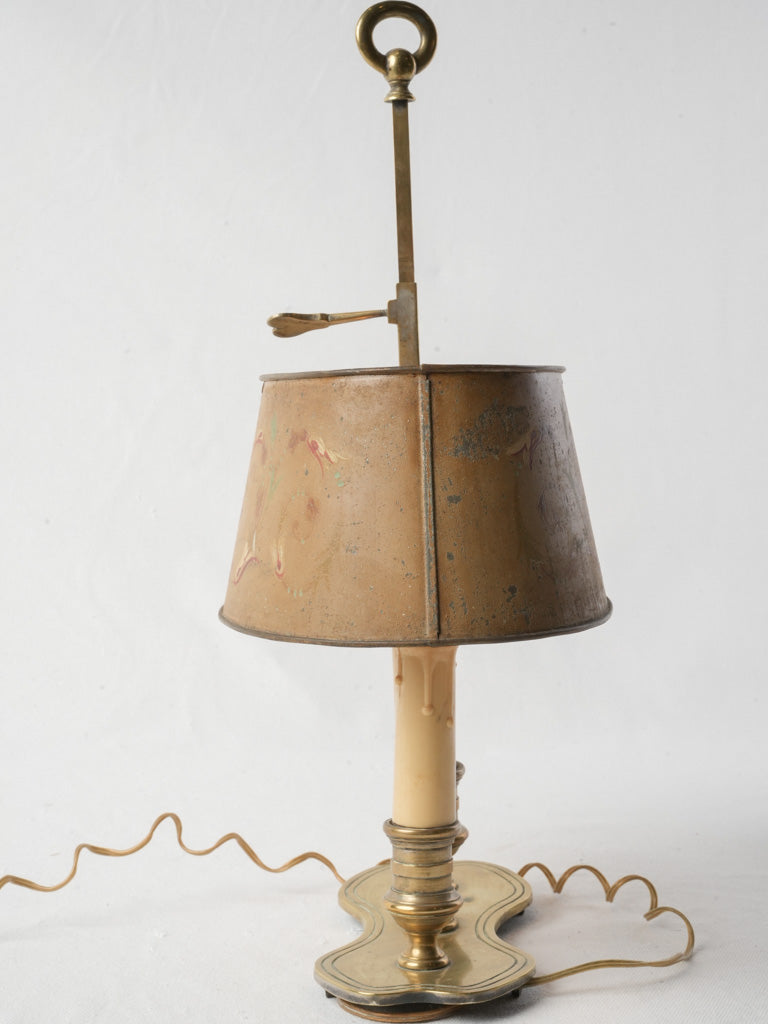 Petite 19th-Century French Bouillotte-Style Brass Lamp w/ Painted Tole Shade - 16½"