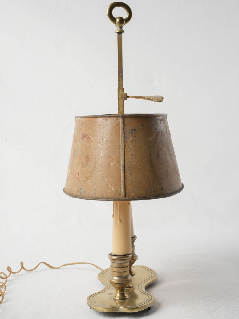 Petite 19th-Century French Bouillotte-Style Brass Lamp w/ Painted Tole Shade - 16½"