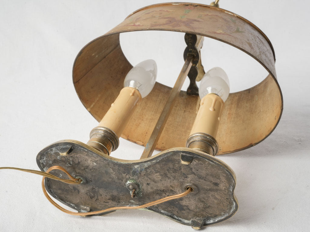 Petite 19th-Century French Bouillotte-Style Brass Lamp w/ Painted Tole Shade - 16½"