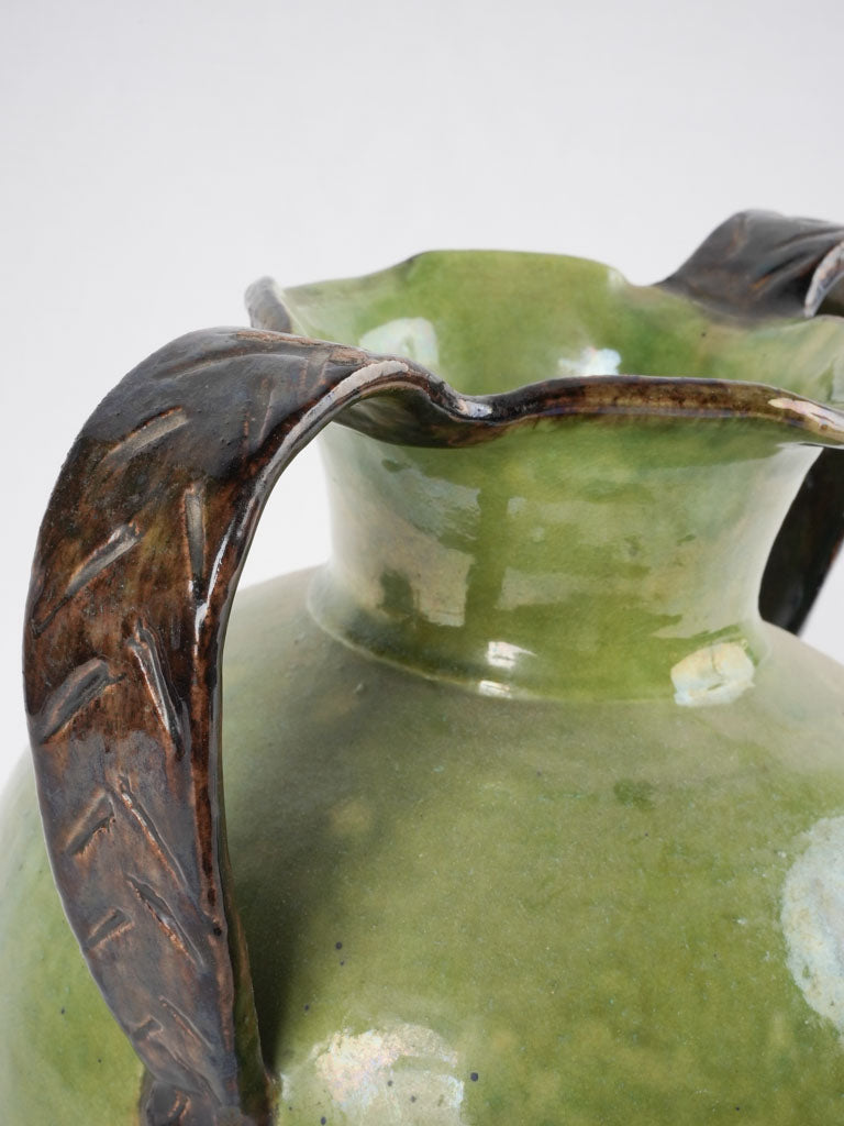 French green Dieulefit vase w/ 2 handles - Large 13½"
