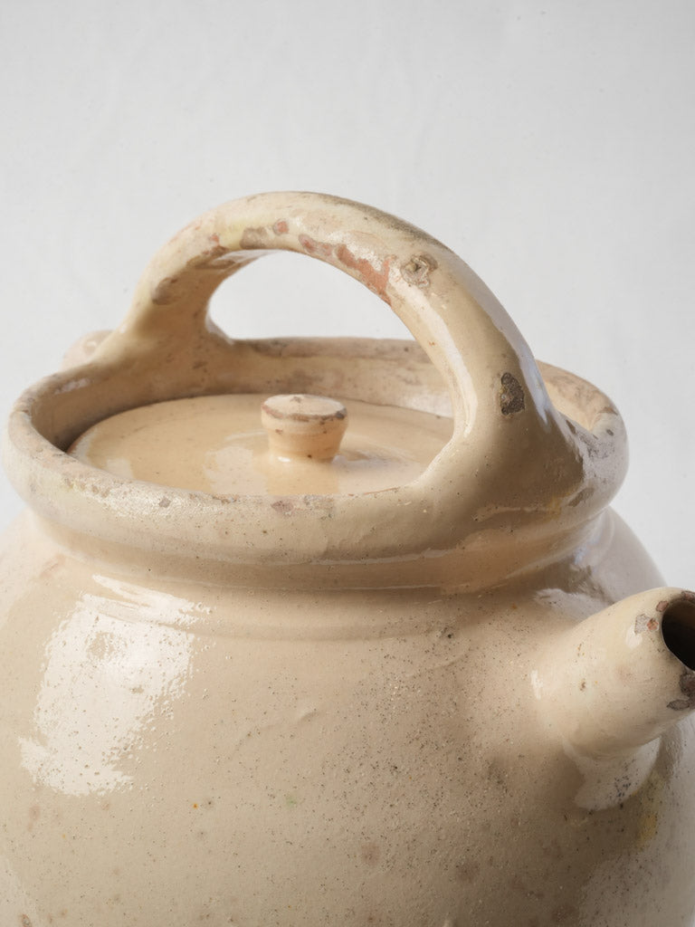 Antique Ivory-Glazed Provencal Terracotta Water Jug w/ Lid