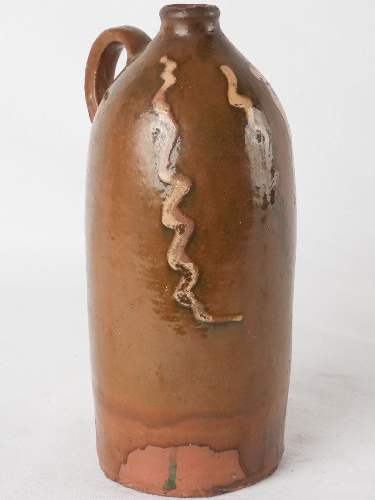 Antique terracotta bottle from Drôme - bottle brown w/ beige patterns 10¾"