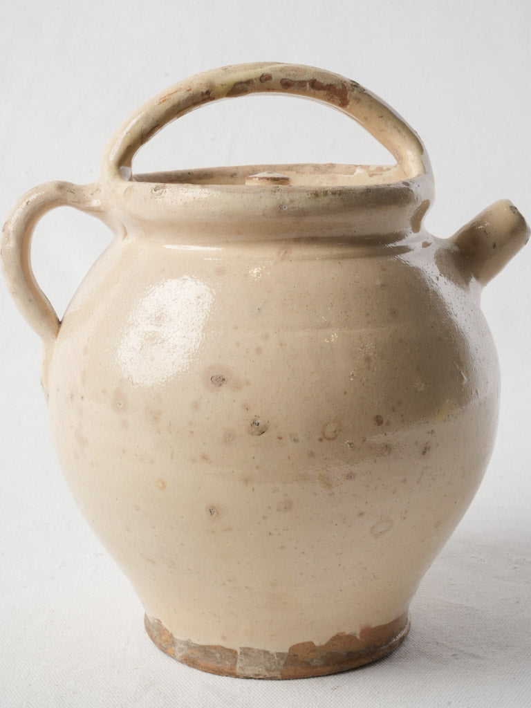 Antique Ivory-Glazed Provencal Terracotta Water Jug w/ Lid