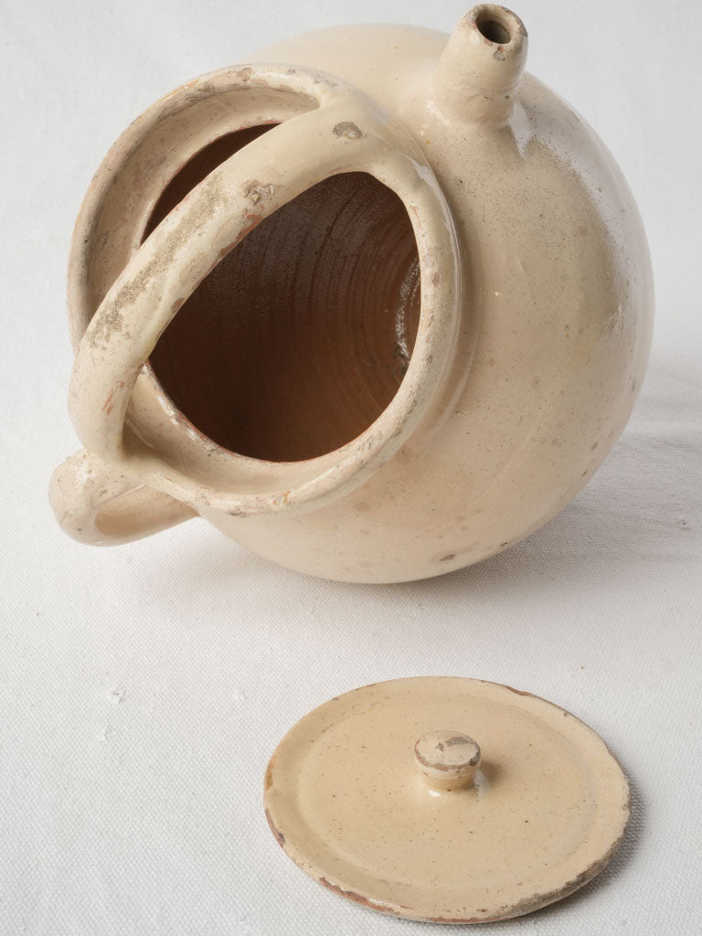 Antique Ivory-Glazed Provencal Terracotta Water Jug w/ Lid