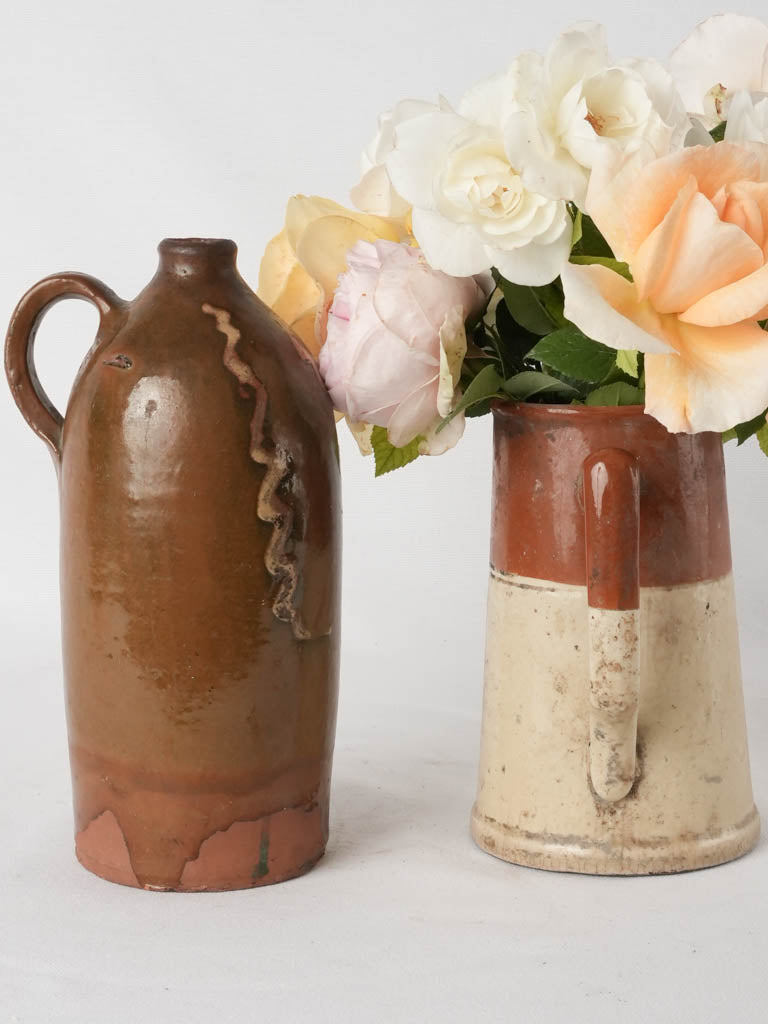 Antique terracotta bottle from Drôme - bottle brown w/ beige patterns 10¾"