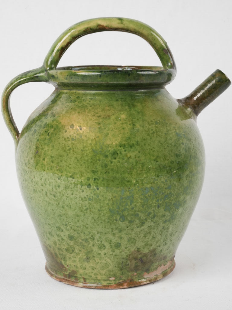 Antique French cruche - green w/ brown spout 12½"