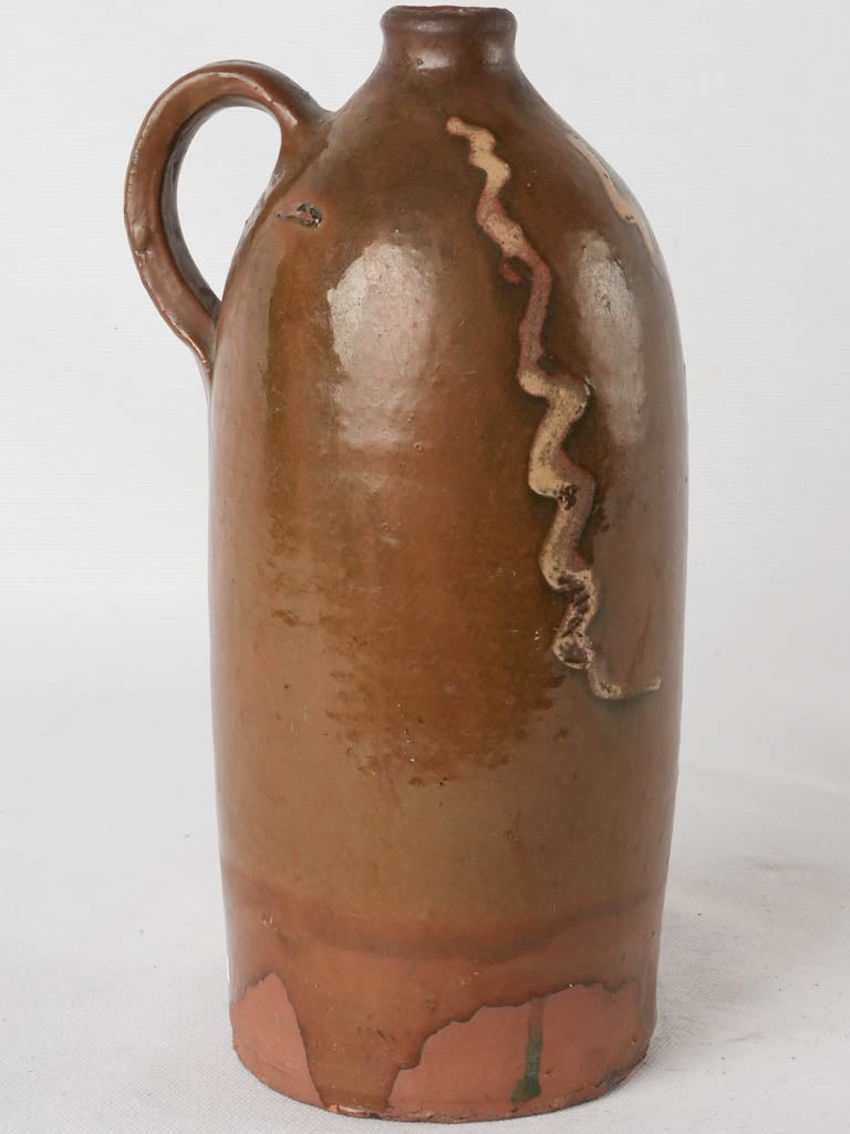 Antique terracotta bottle from Drôme - bottle brown w/ beige patterns 10¾"