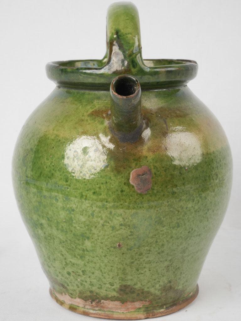 Antique French cruche - green w/ brown spout 12½"