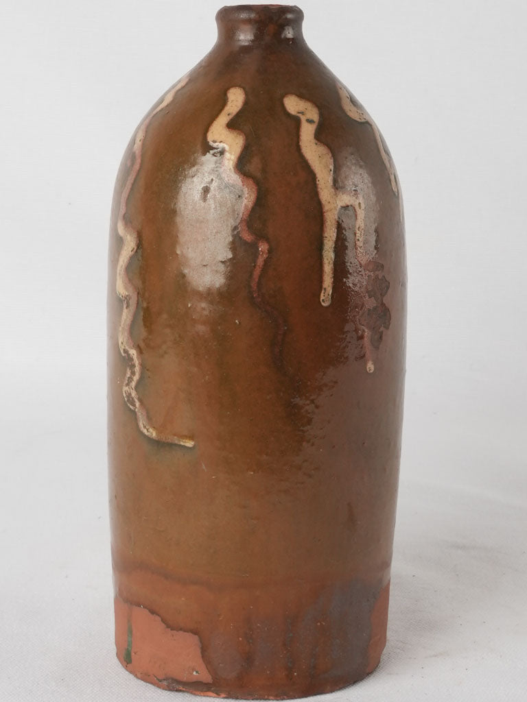 Antique terracotta bottle from Drôme - bottle brown w/ beige patterns 10¾"