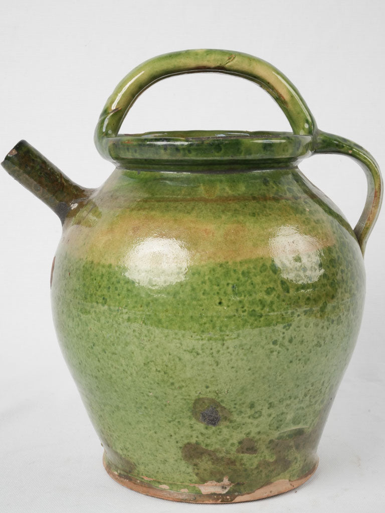 Antique French cruche - green w/ brown spout 12½"