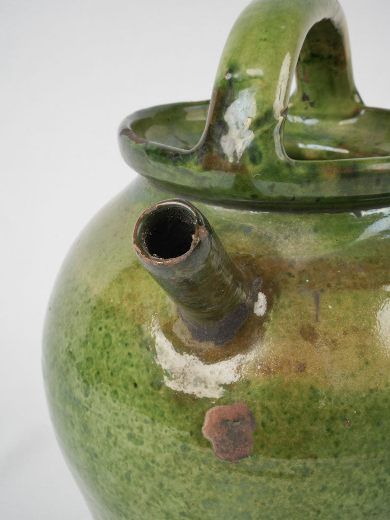 Antique French cruche - green w/ brown spout 12½"