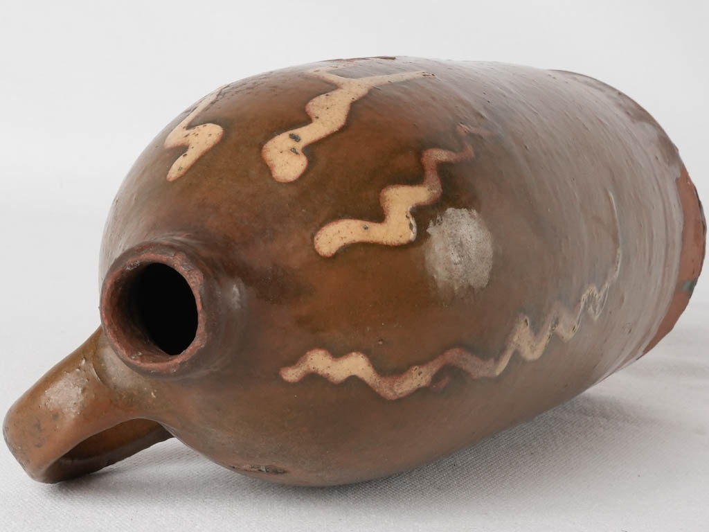 Antique terracotta bottle from Drôme - bottle brown w/ beige patterns 10¾"