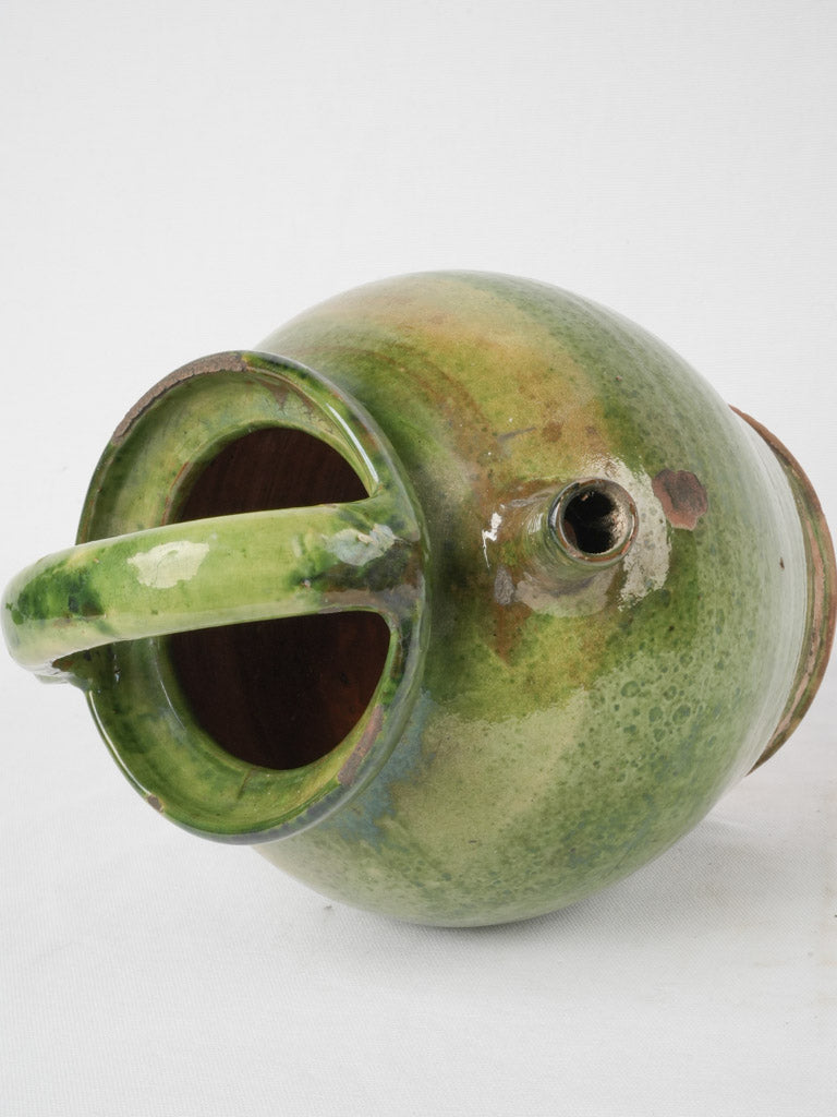 Antique French cruche - green w/ brown spout 12½"