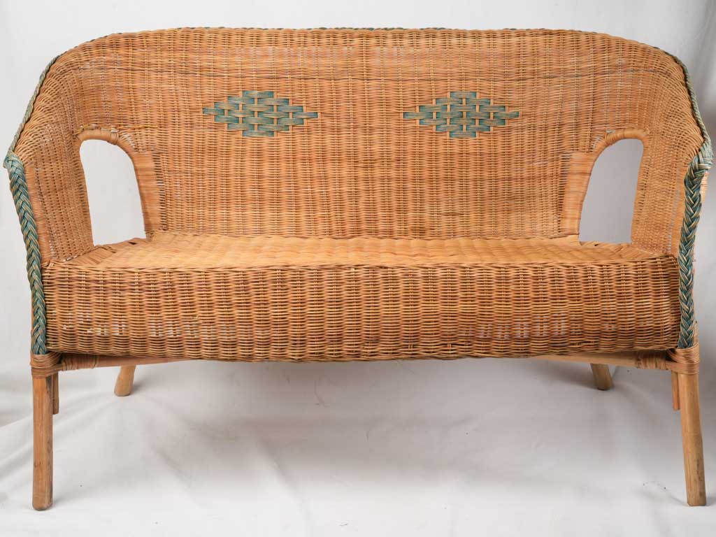 1960s French Wicker Banquette w/ Sea-Green Trim - 45¾"
