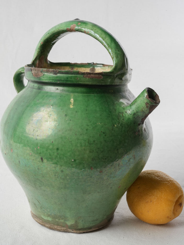 Late 19th-Century Provençal Ceramic Water Pitcher w/ Emerald Green Glaze - 11½"