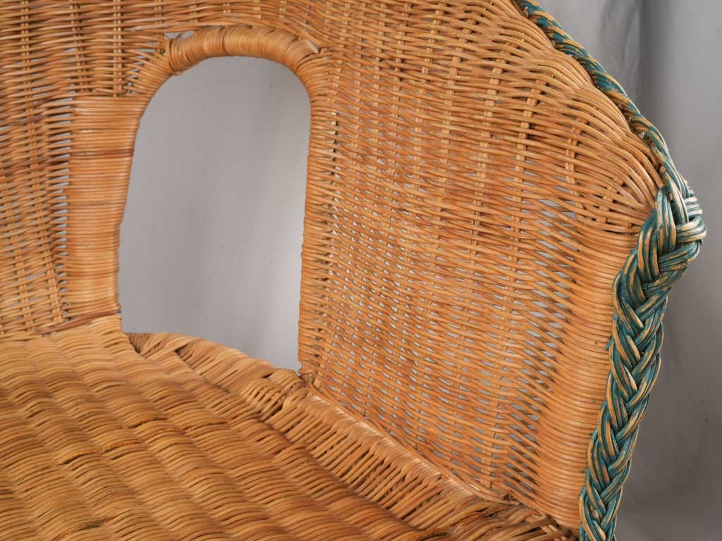 1960s French Wicker Banquette w/ Sea-Green Trim - 45¾"