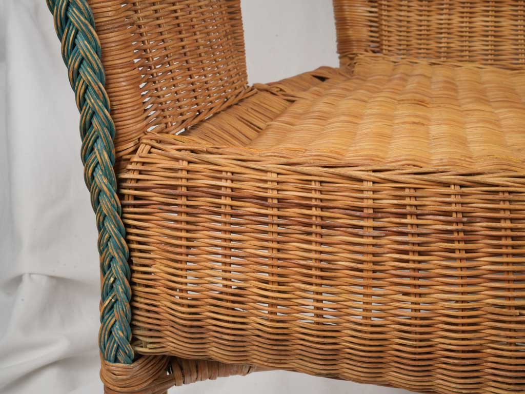 1960s French Wicker Banquette w/ Sea-Green Trim - 45¾"
