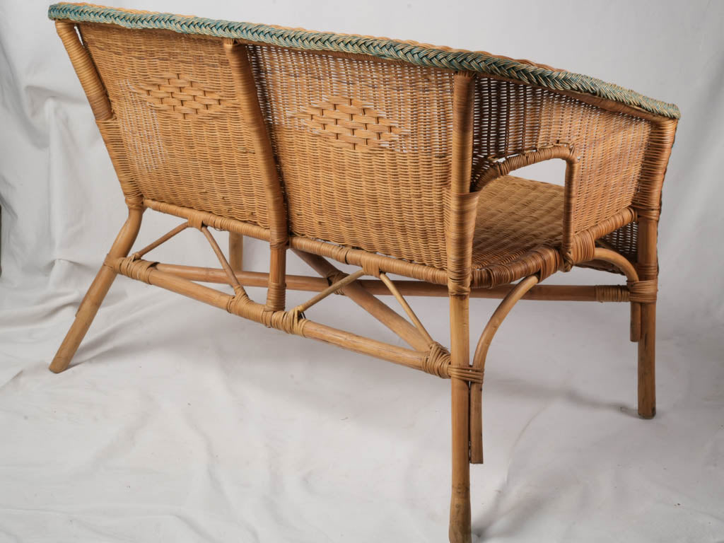1960s French Wicker Banquette w/ Sea-Green Trim - 45¾"