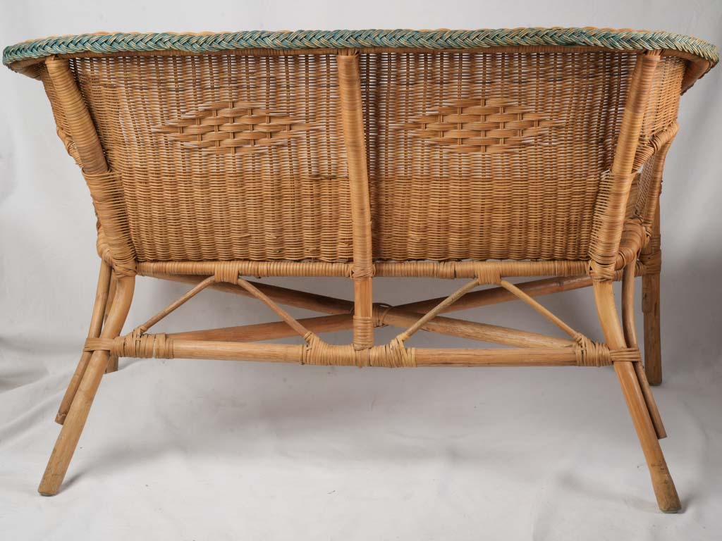 1960s French Wicker Banquette w/ Sea-Green Trim - 45¾"