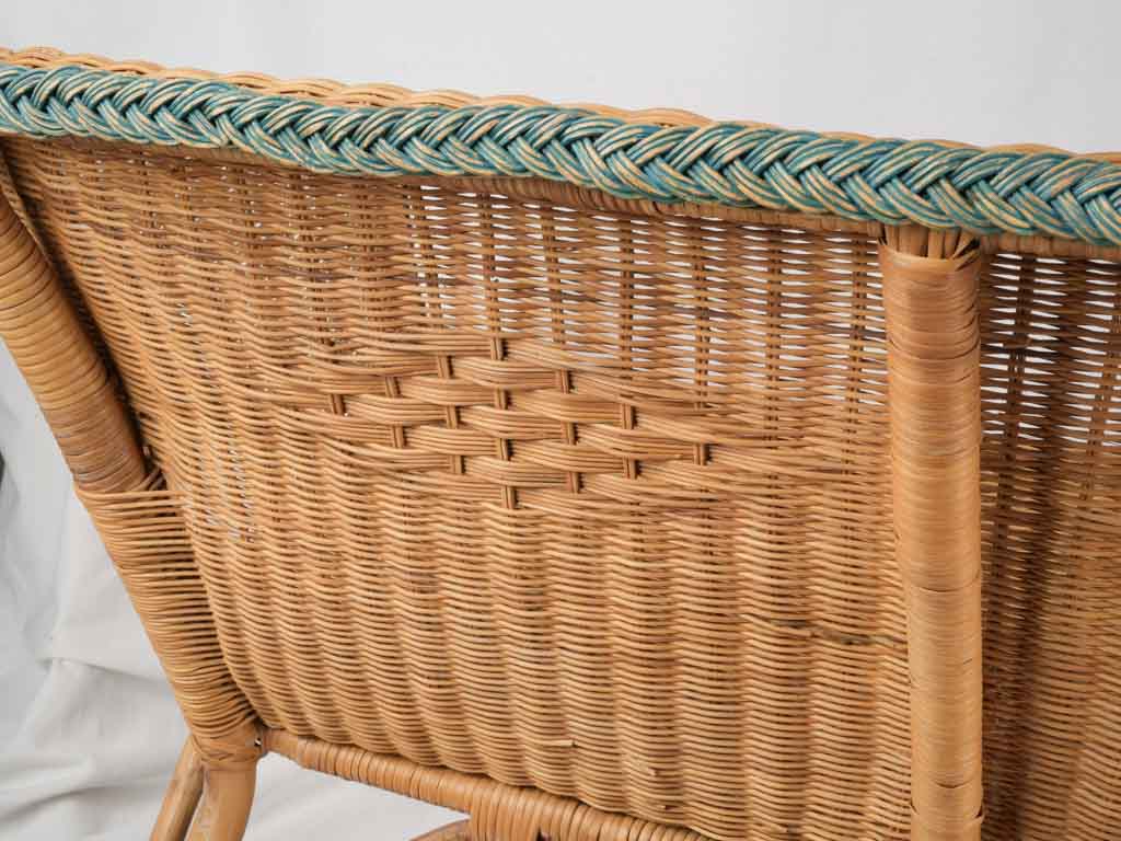 1960s French Wicker Banquette w/ Sea-Green Trim - 45¾"