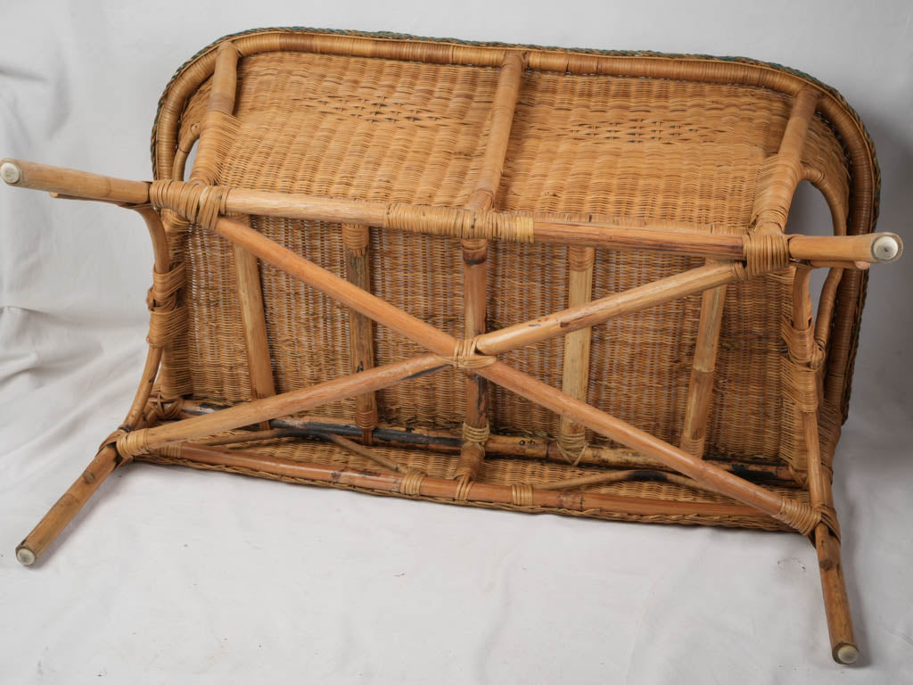1960s French Wicker Banquette w/ Sea-Green Trim - 45¾"
