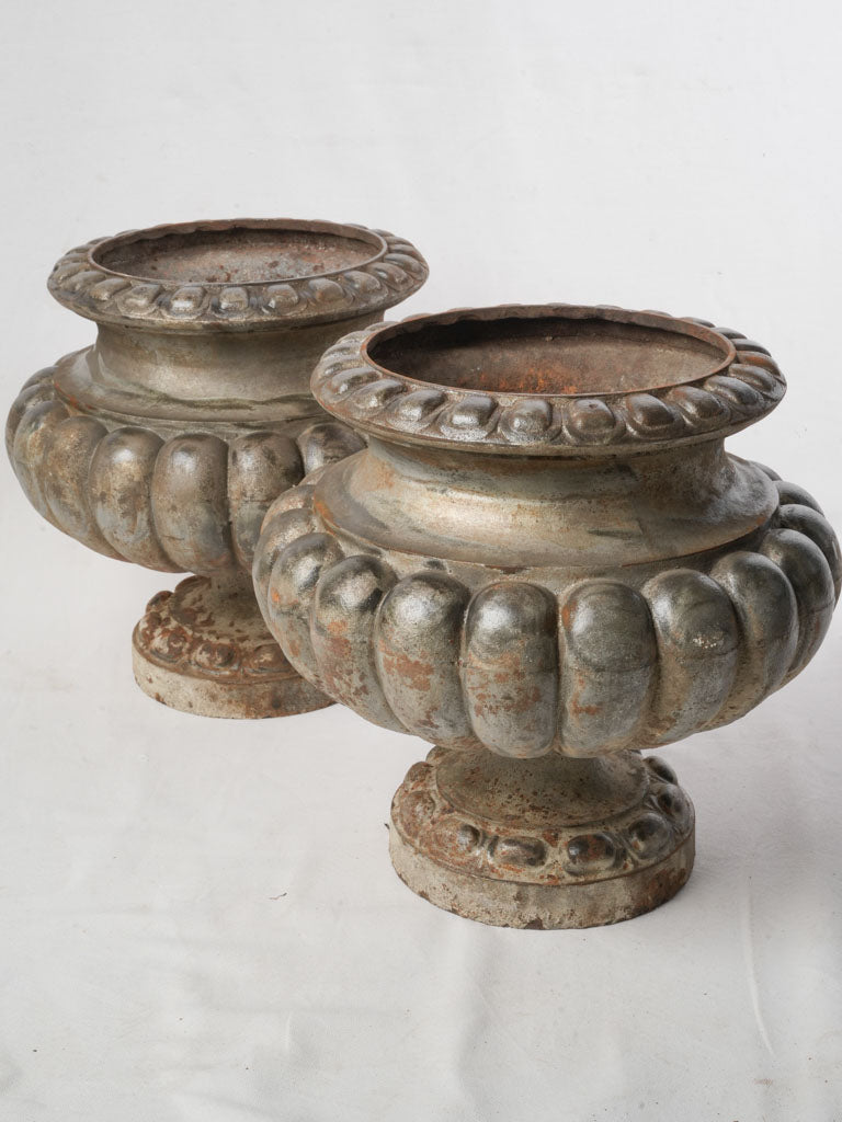Pair of Late 19th Century French Cast-Iron Gadrooned Garden Urns - 17"