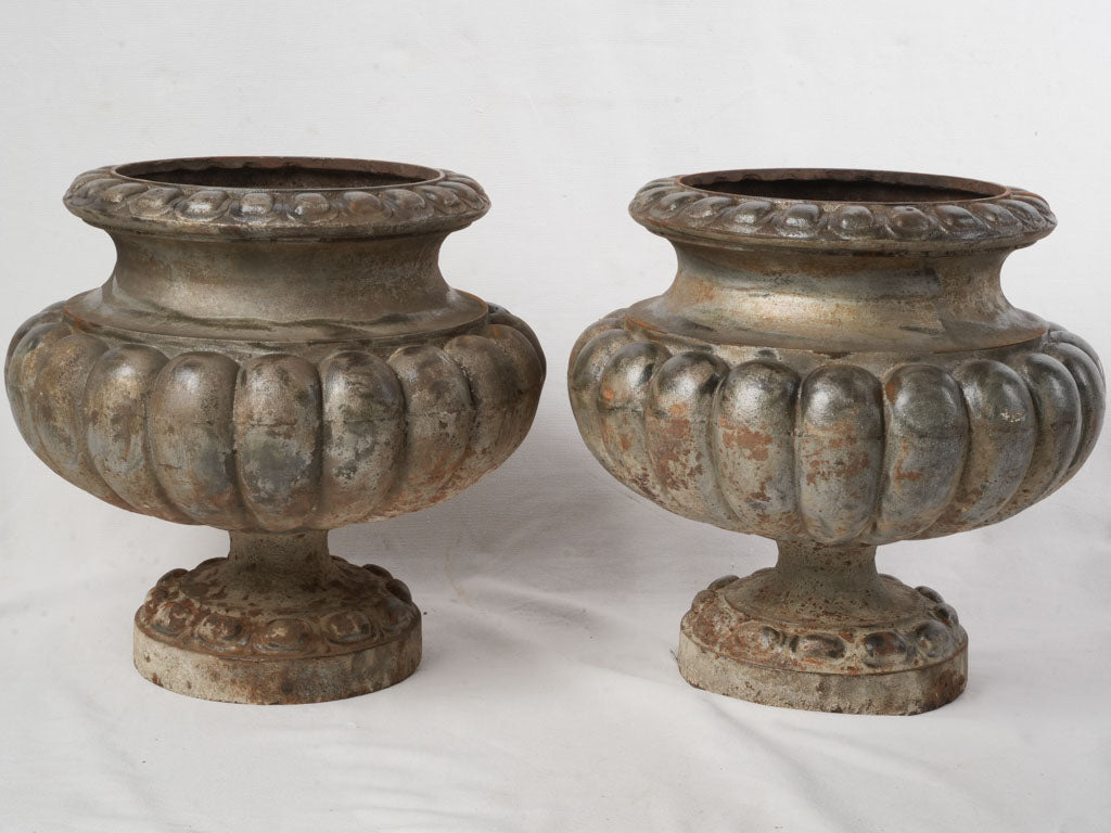 Pair of Late 19th Century French Cast-Iron Gadrooned Garden Urns - 17"