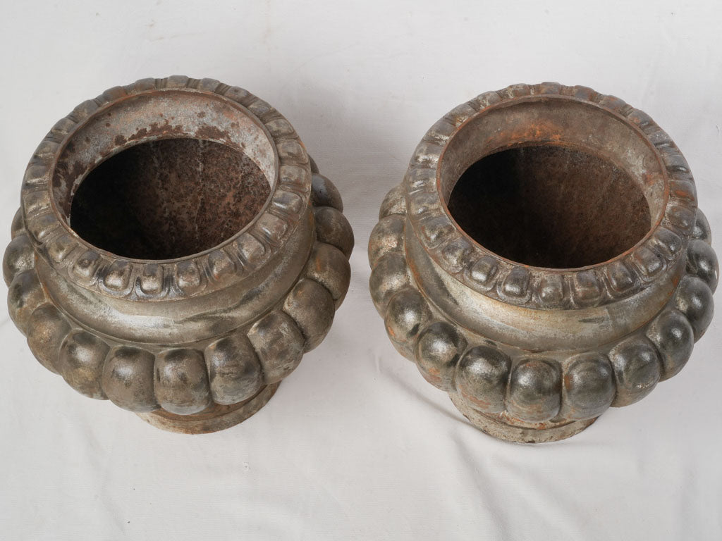 Pair of Late 19th Century French Cast-Iron Gadrooned Garden Urns - 17"