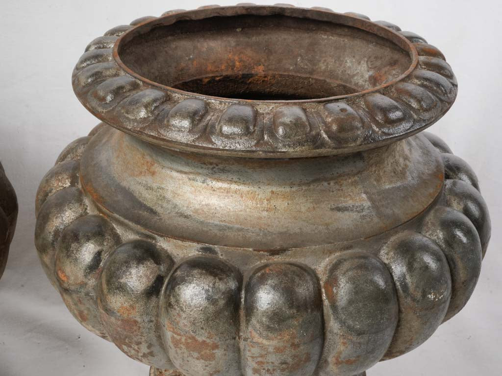 Pair of Late 19th Century French Cast-Iron Gadrooned Garden Urns - 17"