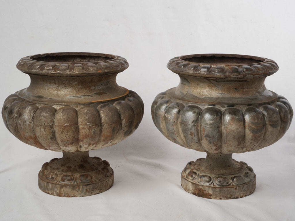 Pair of Late 19th Century French Cast-Iron Gadrooned Garden Urns - 17"