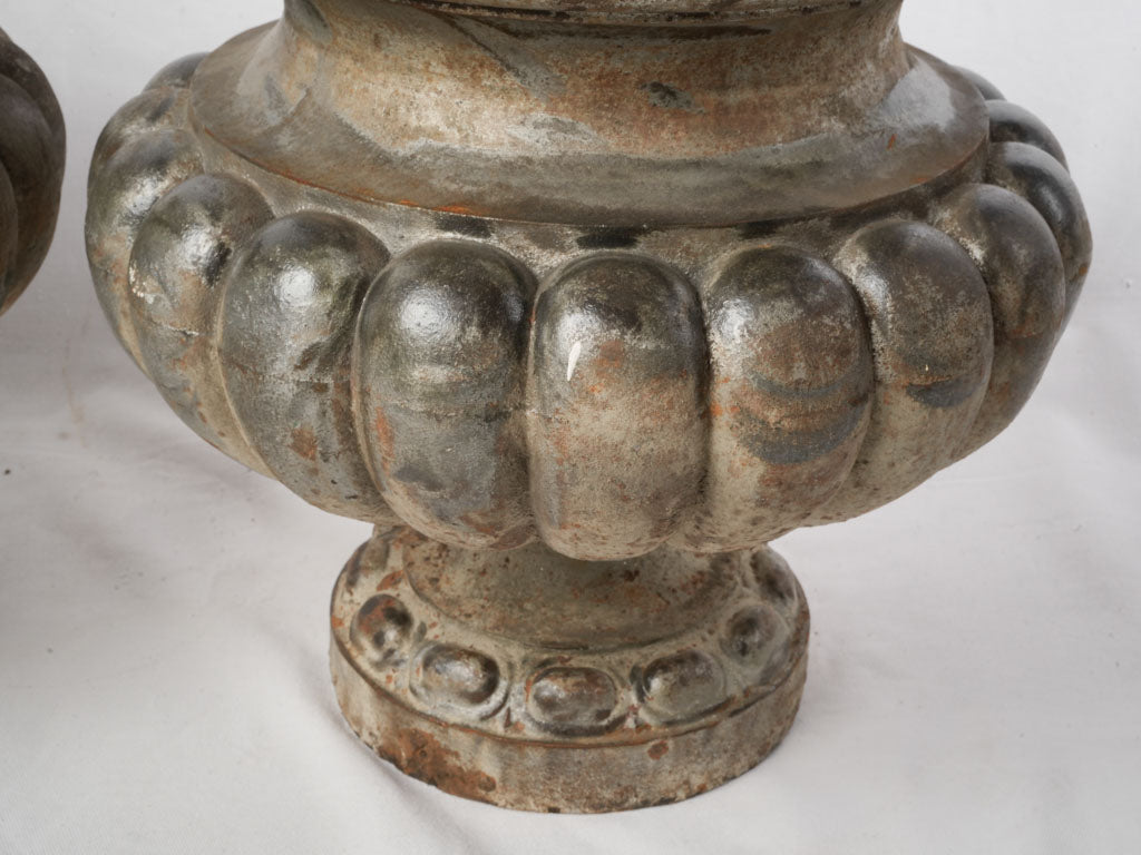 Pair of Late 19th Century French Cast-Iron Gadrooned Garden Urns - 17"