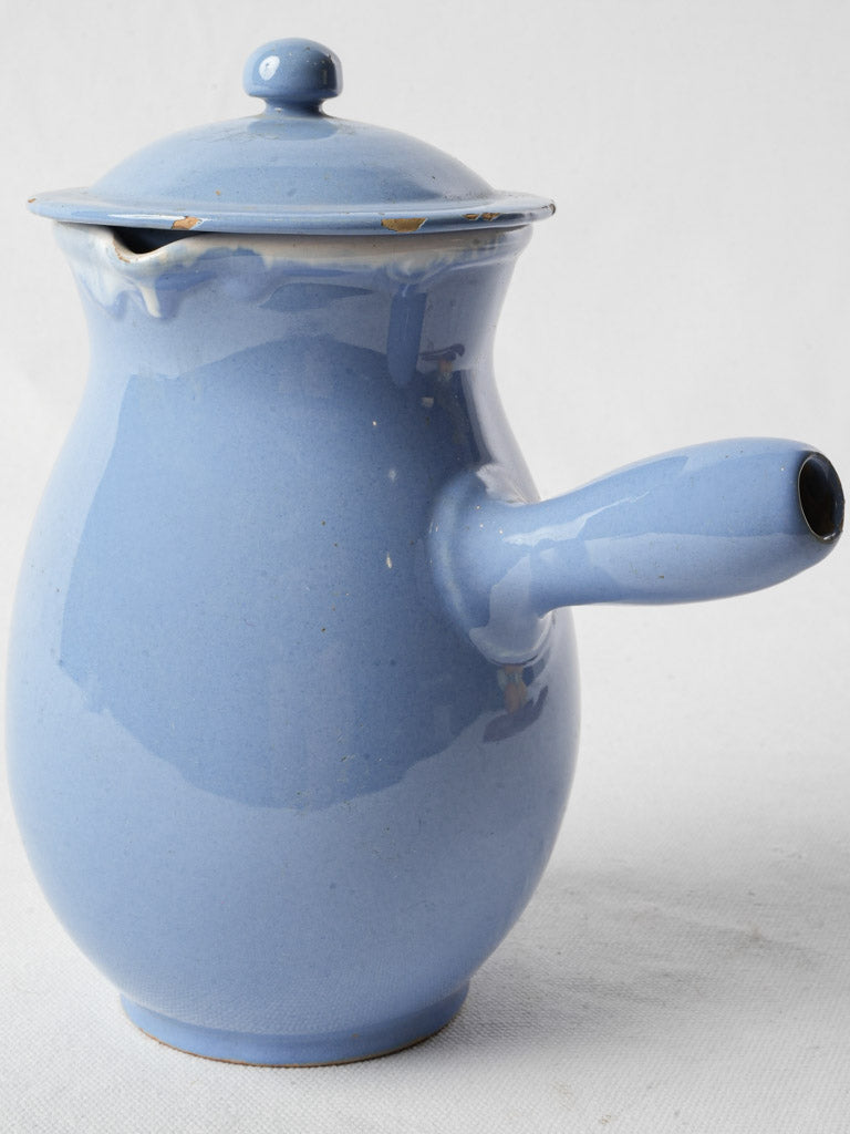 Antique Martres-Tolosane Blue Glazed Ceramic Milk Pitcher W/ Lid - 9½"