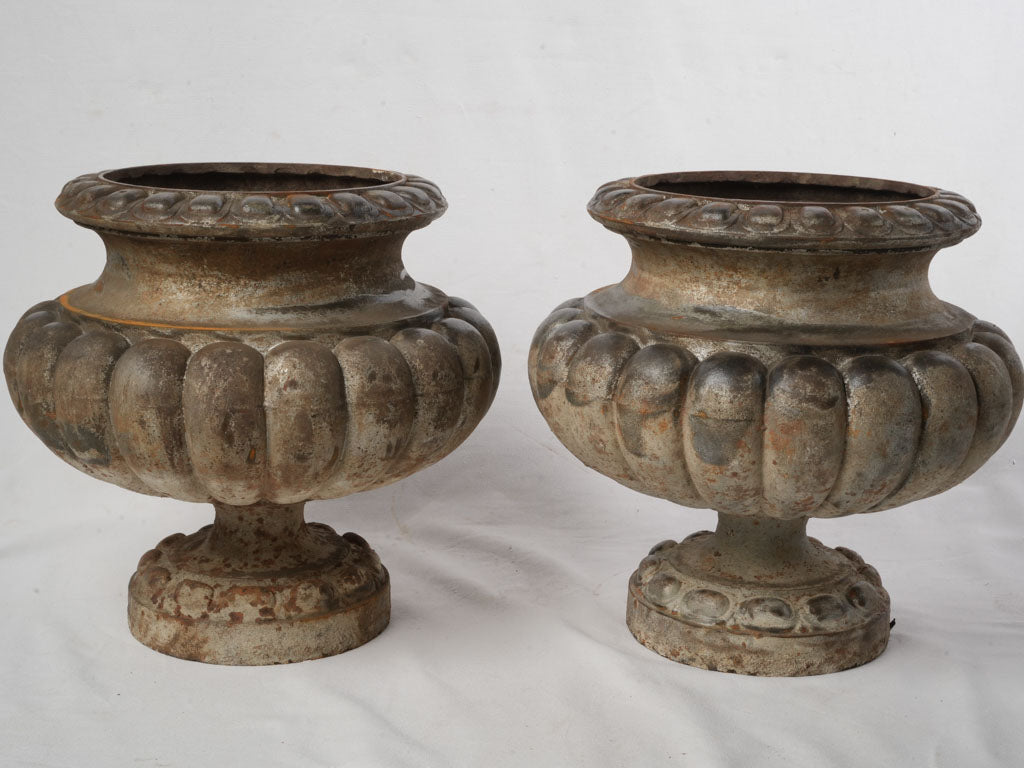 Pair of Late 19th Century French Cast-Iron Gadrooned Garden Urns - 17"