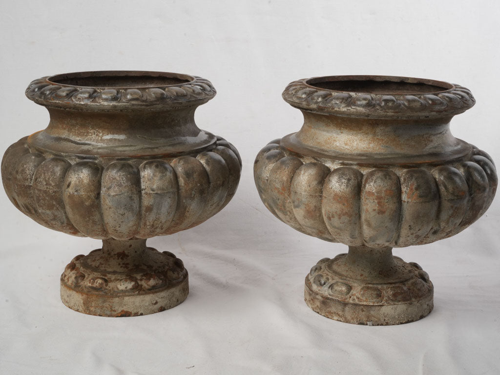Pair of Late 19th Century French Cast-Iron Gadrooned Garden Urns - 17"
