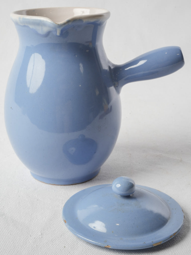 Antique Martres-Tolosane Blue Glazed Ceramic Milk Pitcher W/ Lid - 9½"