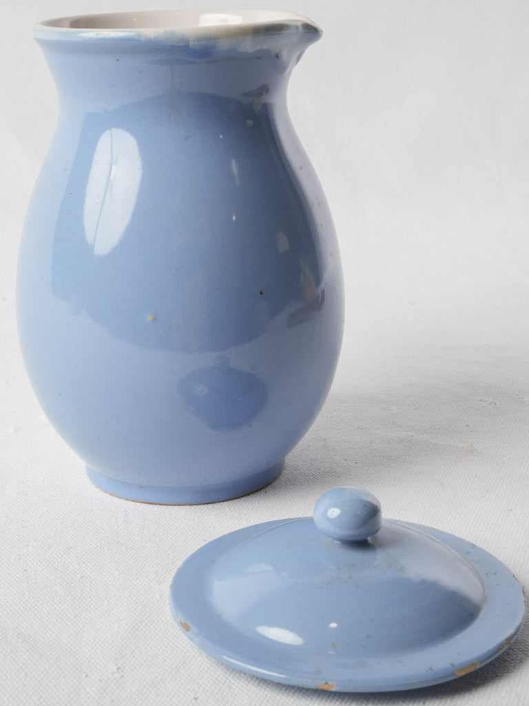 Antique Martres-Tolosane Blue Glazed Ceramic Milk Pitcher W/ Lid - 9½"