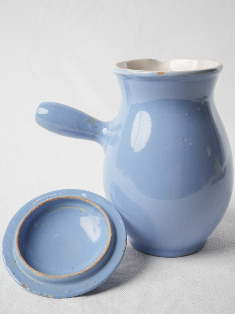 Antique Martres-Tolosane Blue Glazed Ceramic Milk Pitcher W/ Lid - 9½"